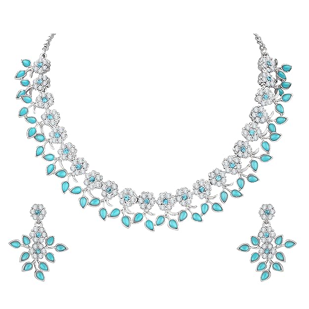 Silver Plated Crystal AD Diamond Necklace Jewellery Set with Earrings for Women and Girls Suits Best Party, Wedding and Any Occasions