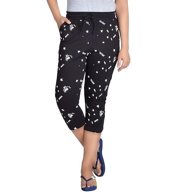 Black Cotton Printed Lounge Capris For Women