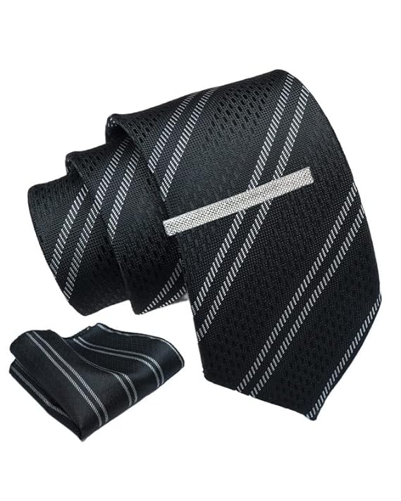 Black Striped Tie For Men – Formal Ties Set With Pocket Square & Tie Pin Clip For Mens, Silk Neckties Gift Sets For Men’s